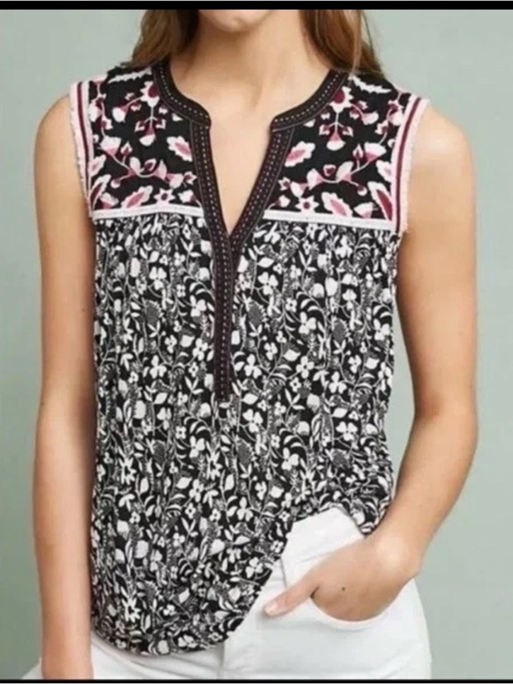 Anthropologie Black and Pink Floral Split-Neck Sleeveless Camisole